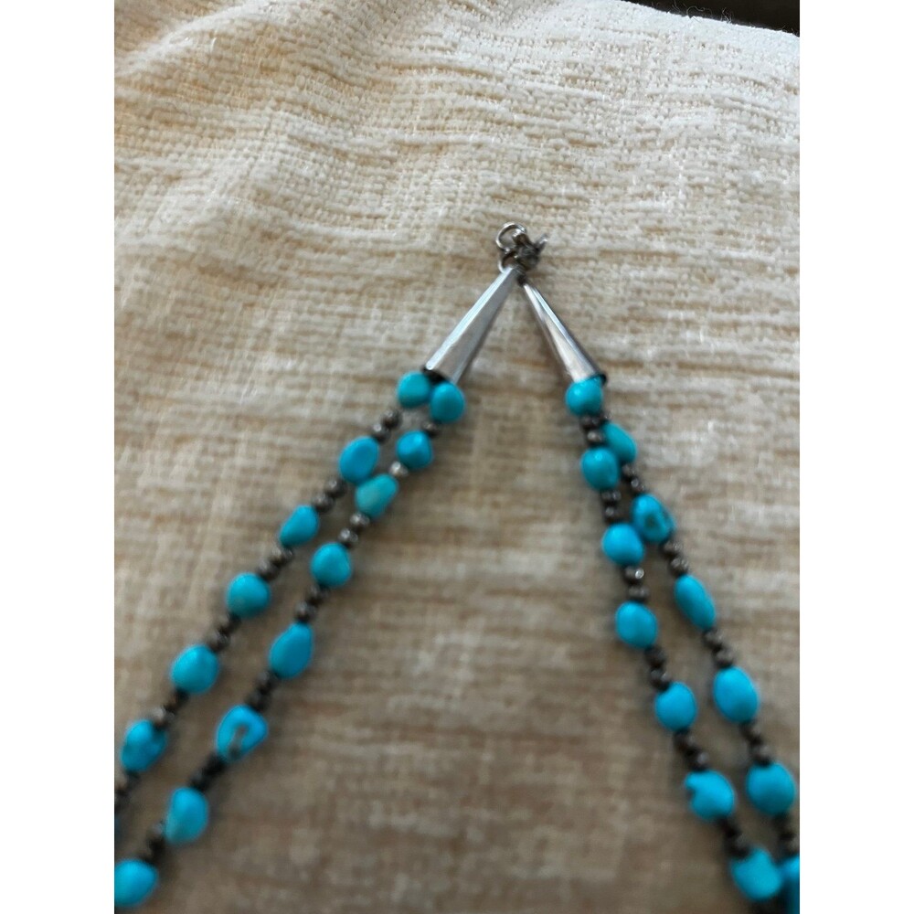 Vintage Genuine Turquoise Sterling Silver 2 strand bead necklace Native American - Picture 6 of 11